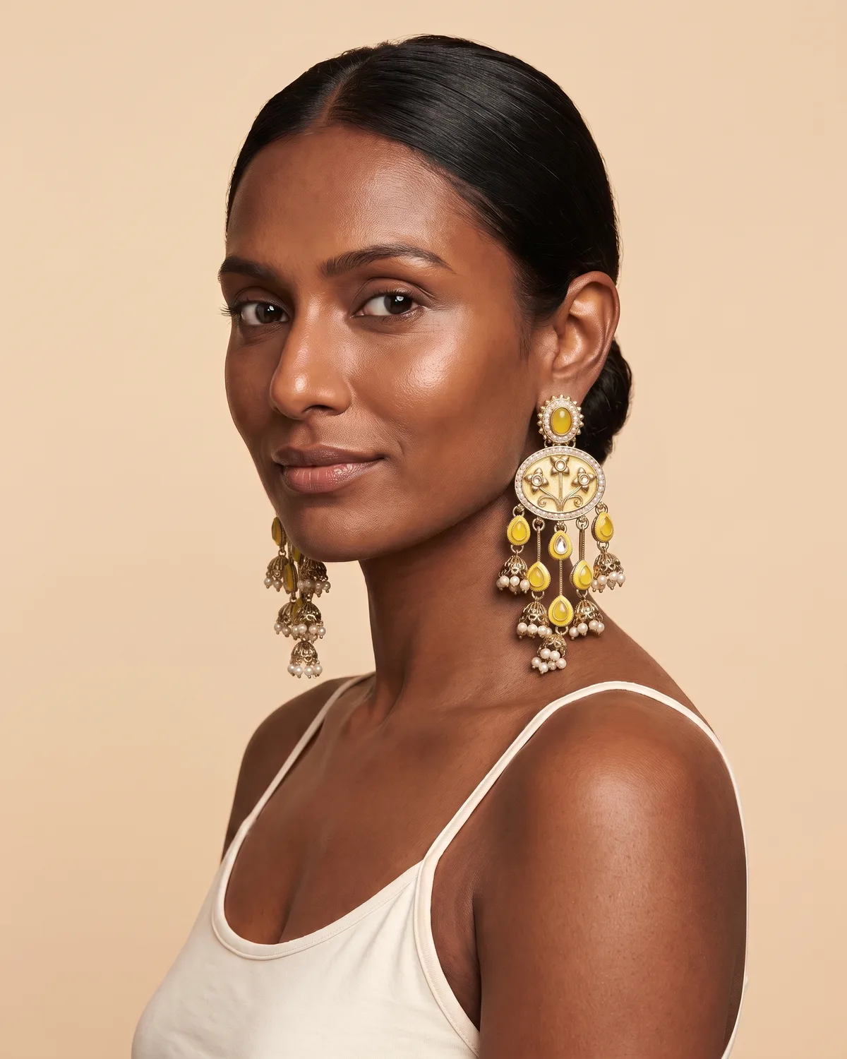 Basant Bahar: Vintage Marigold Yellow Enamel Multi-Drop Jhumka Earrings with Kundan Accents