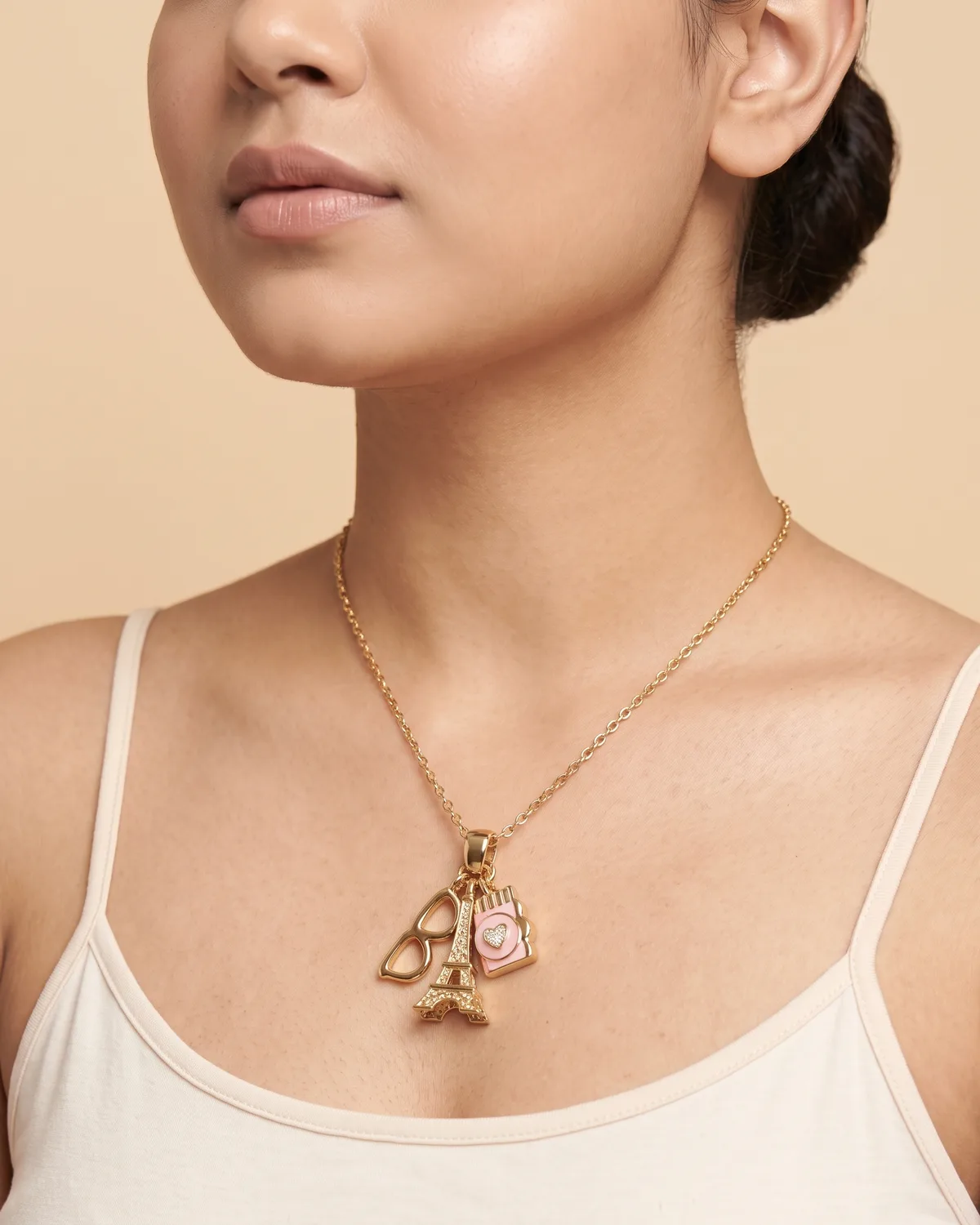 Bonjour Romance: Parisian Wanderlust Gold Charm Necklace with Eiffel Tower & Pink Camera Pendants