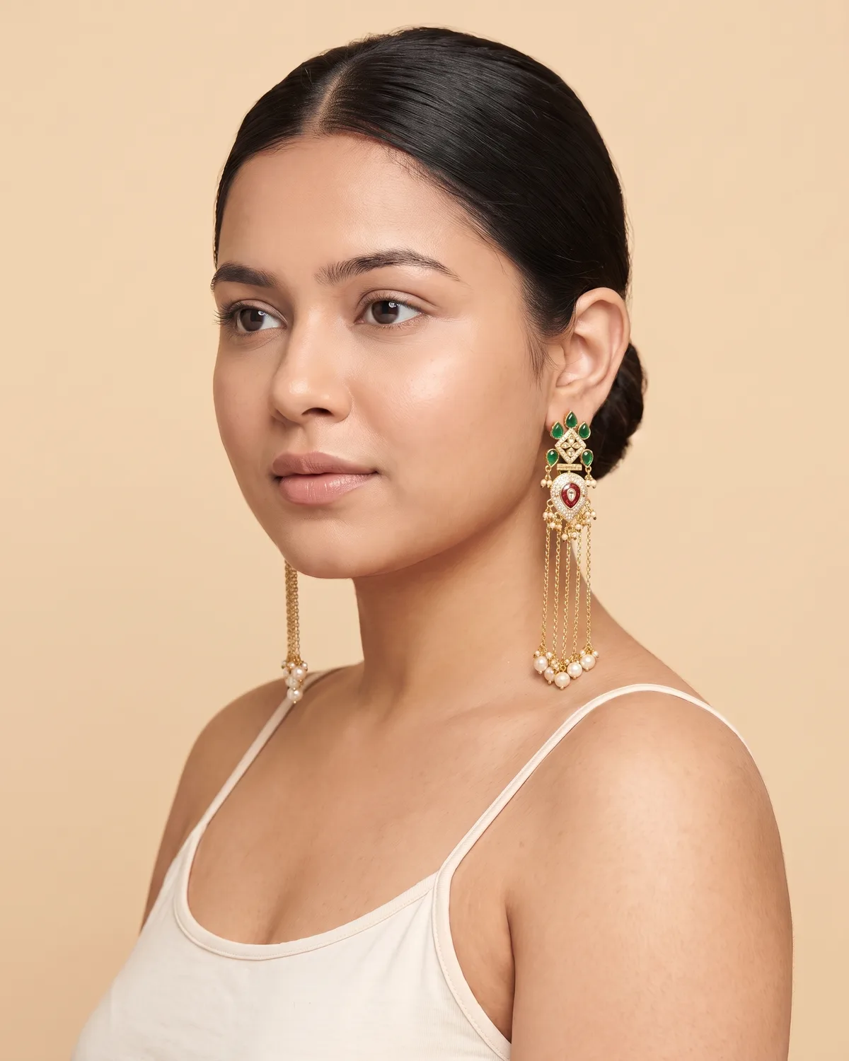 Chanchal-Ladi: Nizam-Inspired Long Cascade Earrings with Emeralds, Ruby, and Pearl Tassels