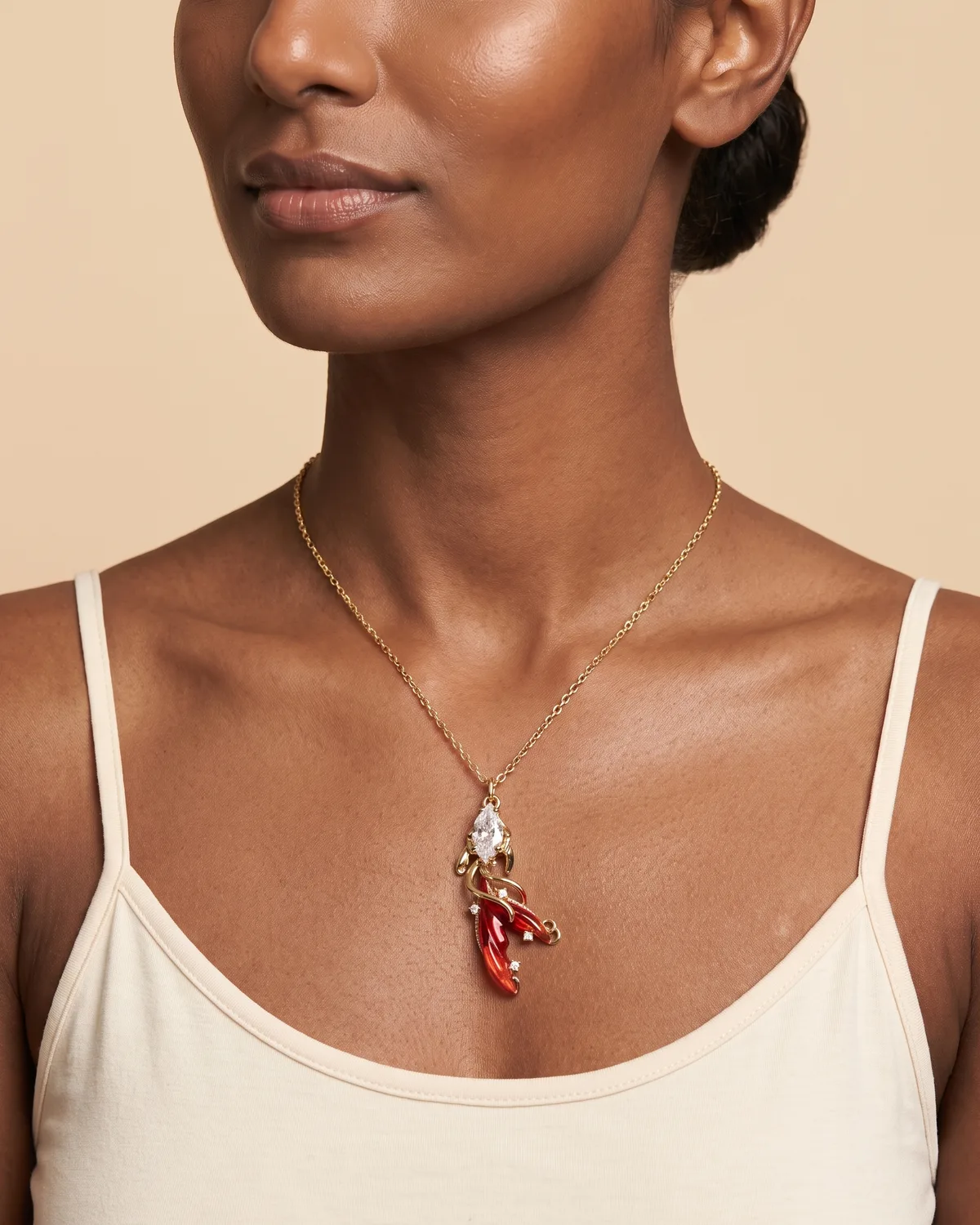 Crimson Koi: Artistic Goldfish Motif Pendant Necklace in Marquise Crystal and Red Enamel