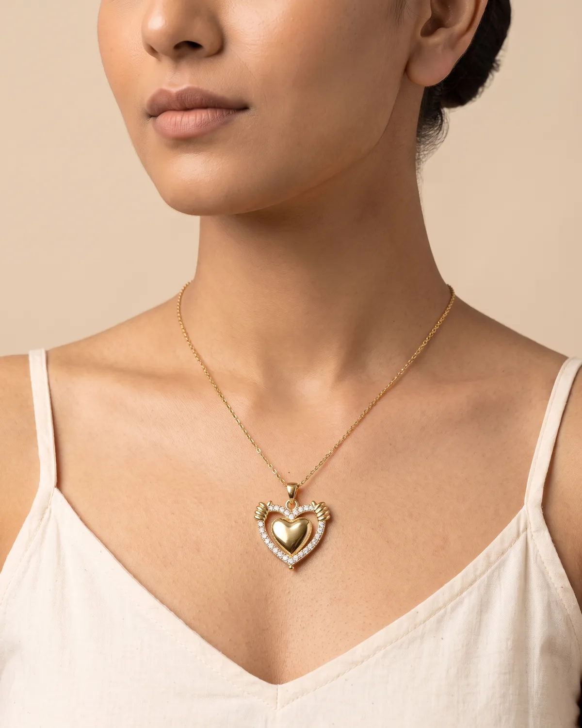 Eternal Arc: Amore Winged Heart Gold Pendant Necklace with Crystal Halo