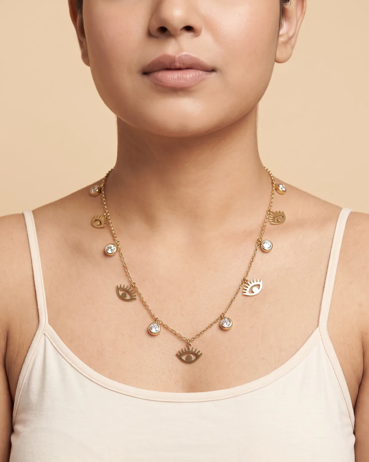 Gaze Chain: Modern Evil Eye Gold Station Charm Necklace with Bezel-Set Crystals