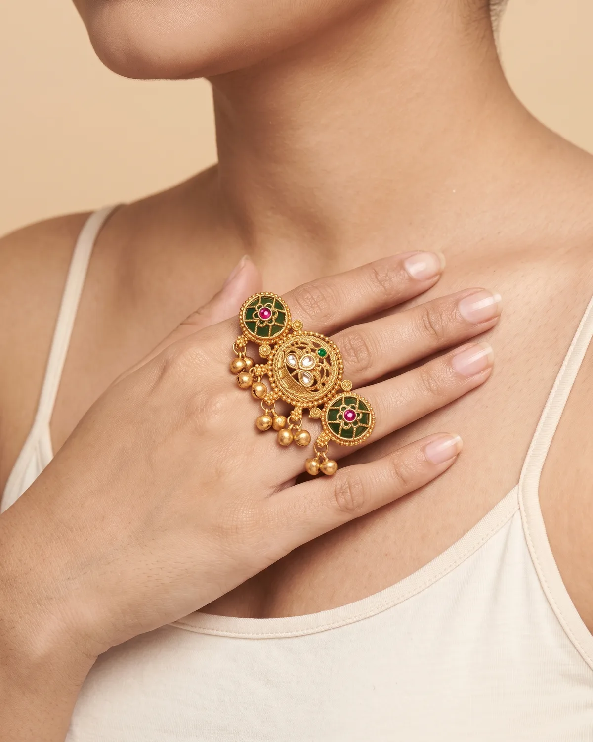 Gul-Dasta: Royal Haathphool-Inspired Antique Gold Statement Ring with Navratna Accents