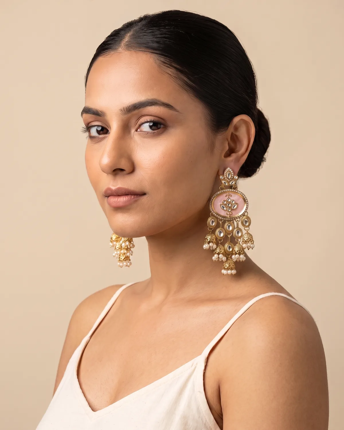 Gulabi Noor: Vintage Pastel Pink Enamel Chandelier Jhumka Earrings with Kundan Accents