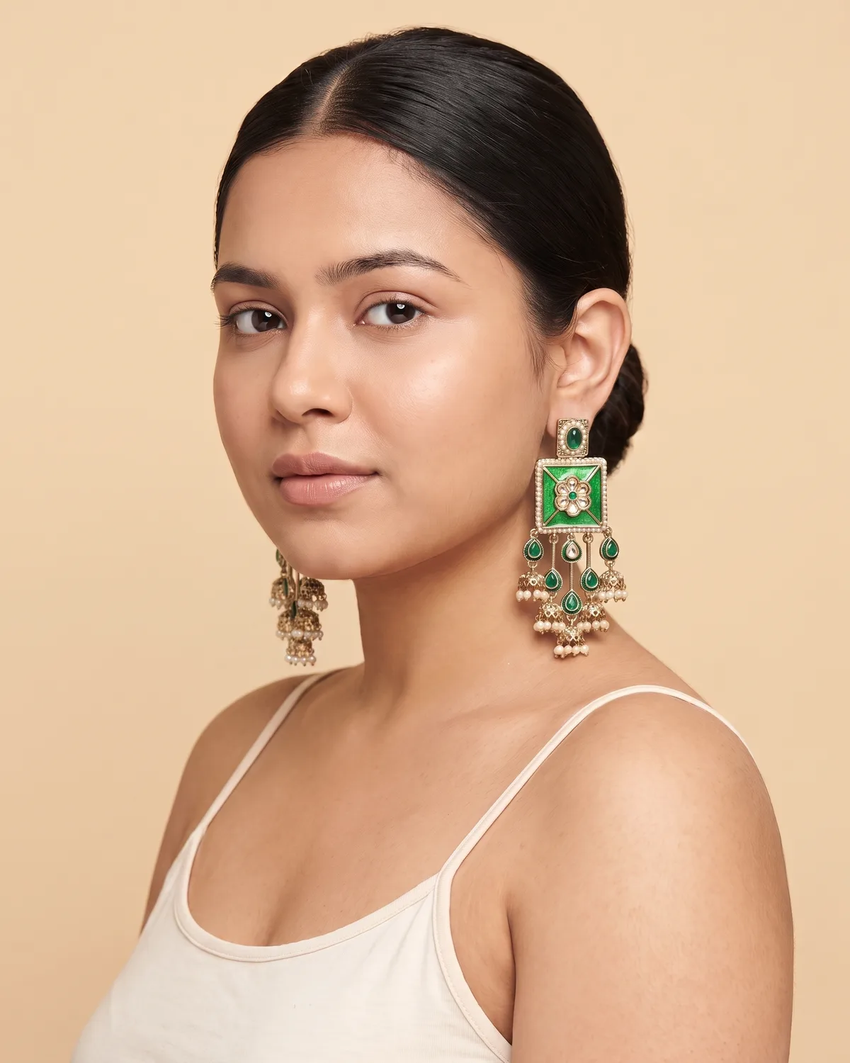 Hariyali Chowk: Royal Emerald Green Meenakari Jhumka Earrings with Kundan & Pearl Fringe