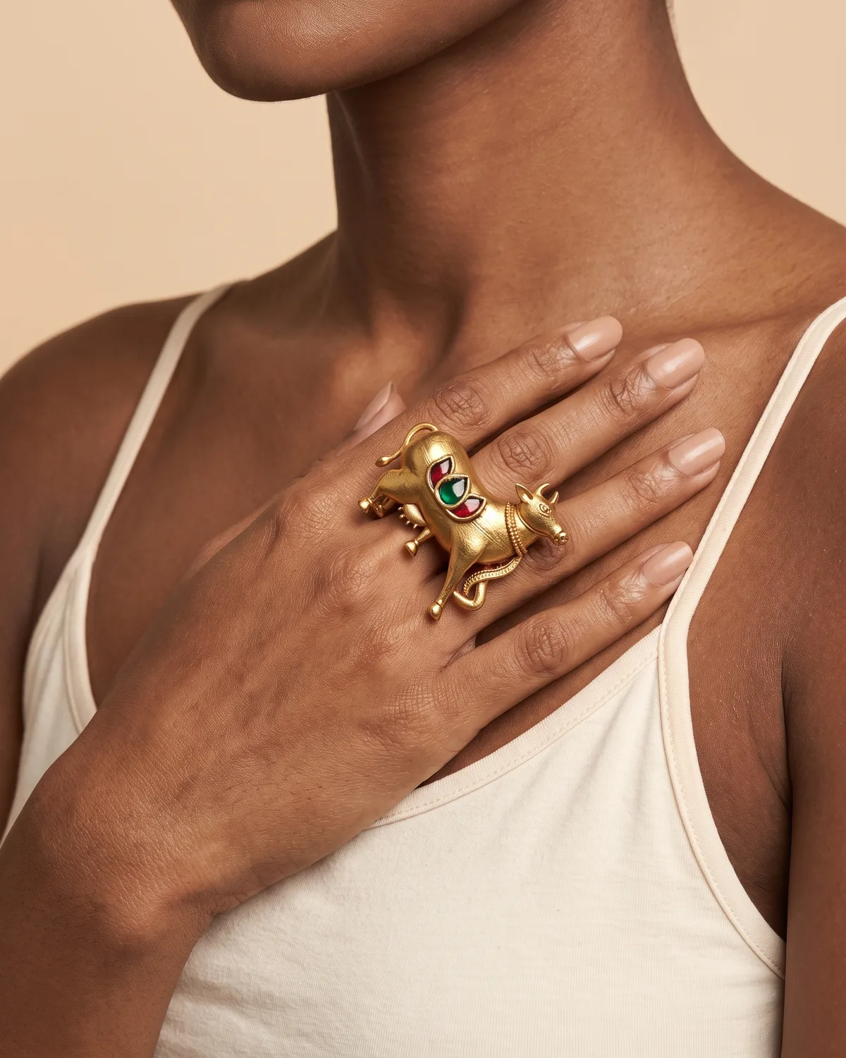 Kamdhenu: Sacred Kamdhenu Antique Gold Statement Ring with Meenakari Detail