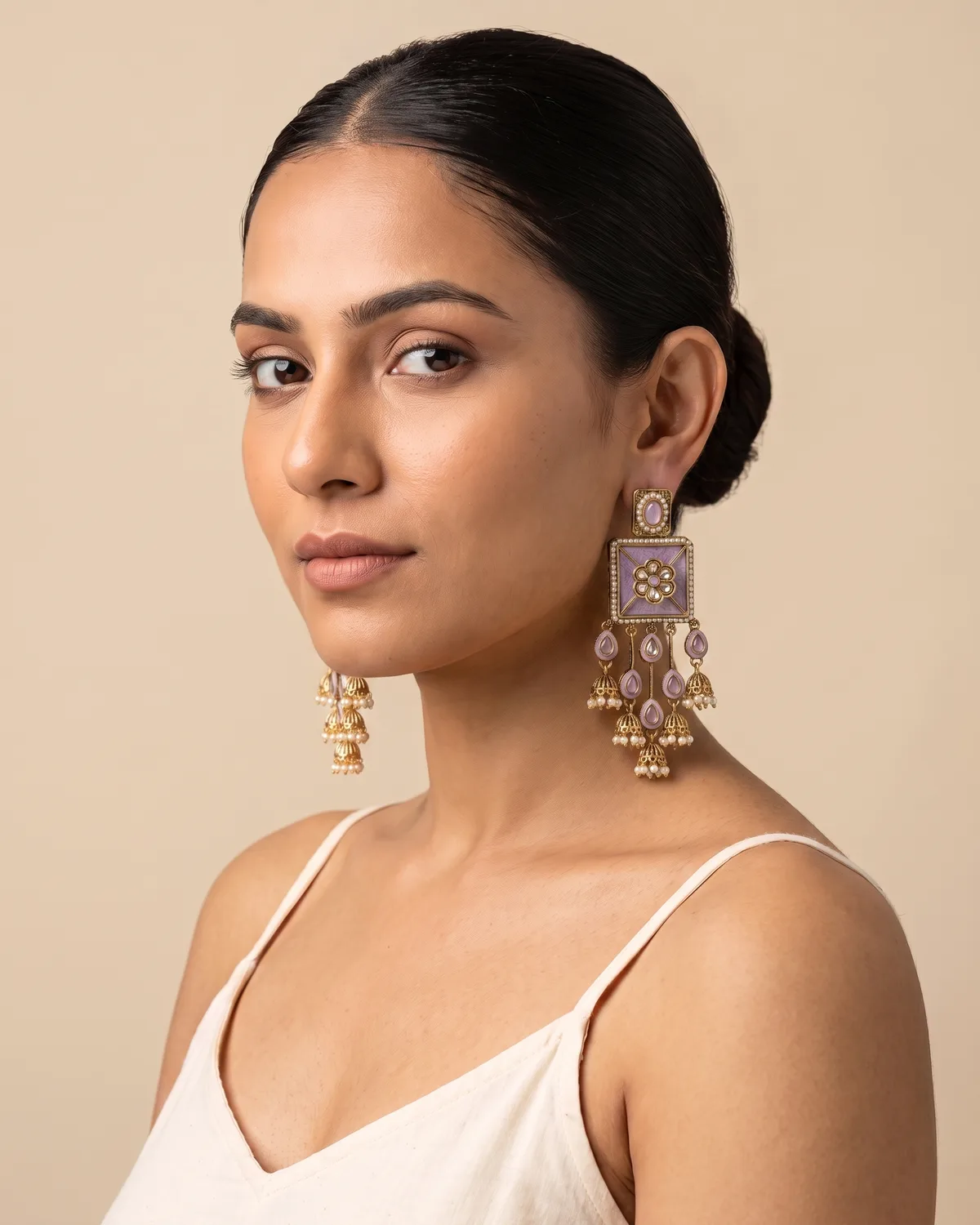 Kanak Kusum: Pastel Lavender Meadow Multi-Drop Jhumka Earrings with Kundan & Pearl Accents