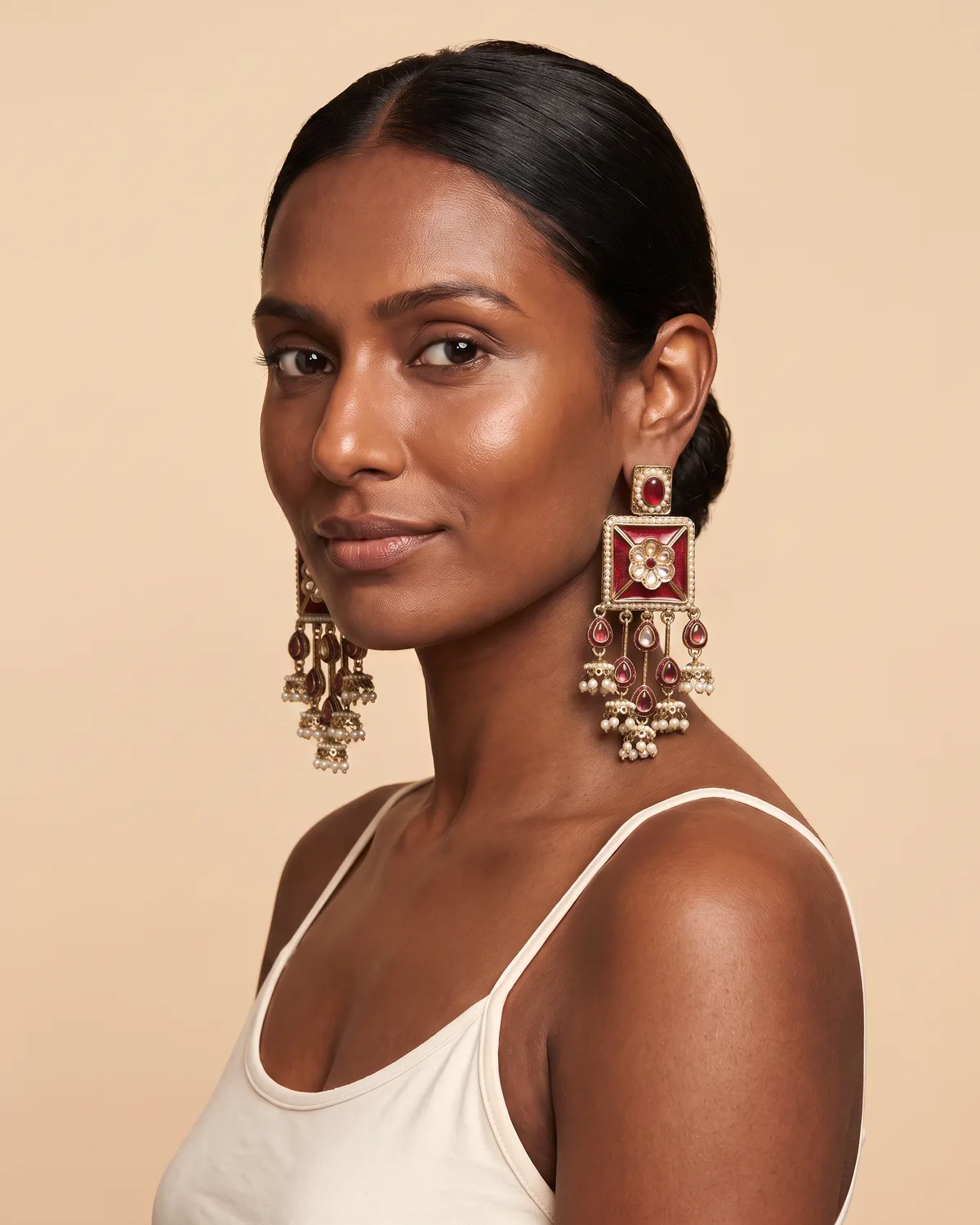 Marudhara Rani: Royal Crimson Red Meenakari Jhumka Earrings with Kundan & Pearl Fringe