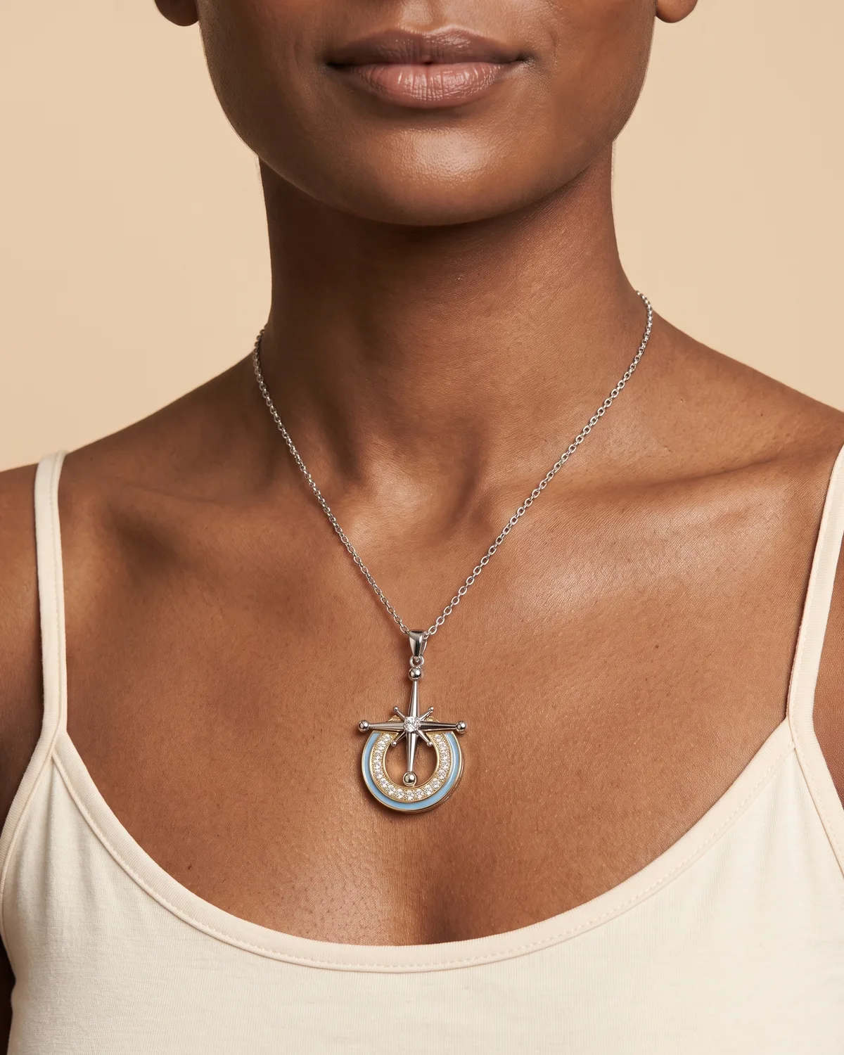 Meridian Drop: Luminaire Mixed-Metal Compass & Crescent Pendant Necklace with Blue Enamel Accents