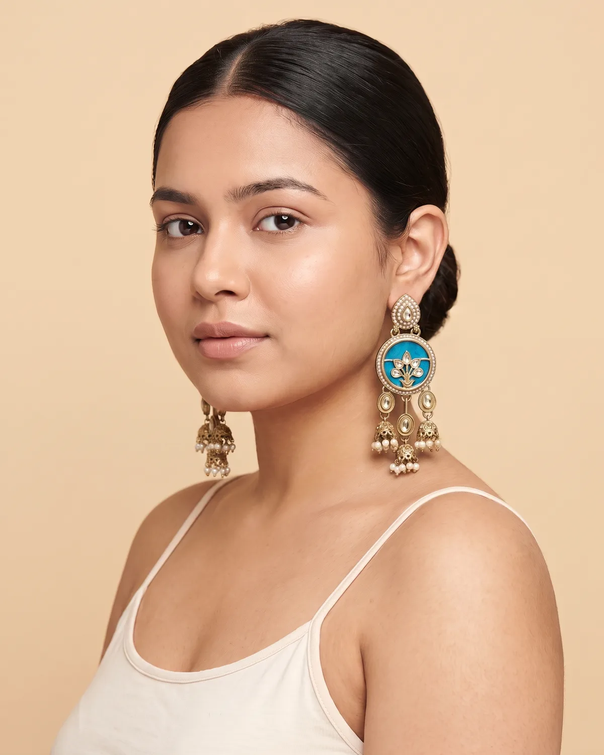 Neel Kamal: Antique Gold Cerulean Blue Enamel Multi-Drop Jhumka Earrings with Kundan Accents