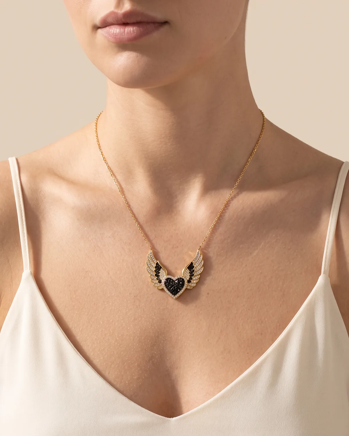 Phoenix Heart: Aeterna Angelicum Winged Heart Pendant Necklace in Gold with Black & White Crystals