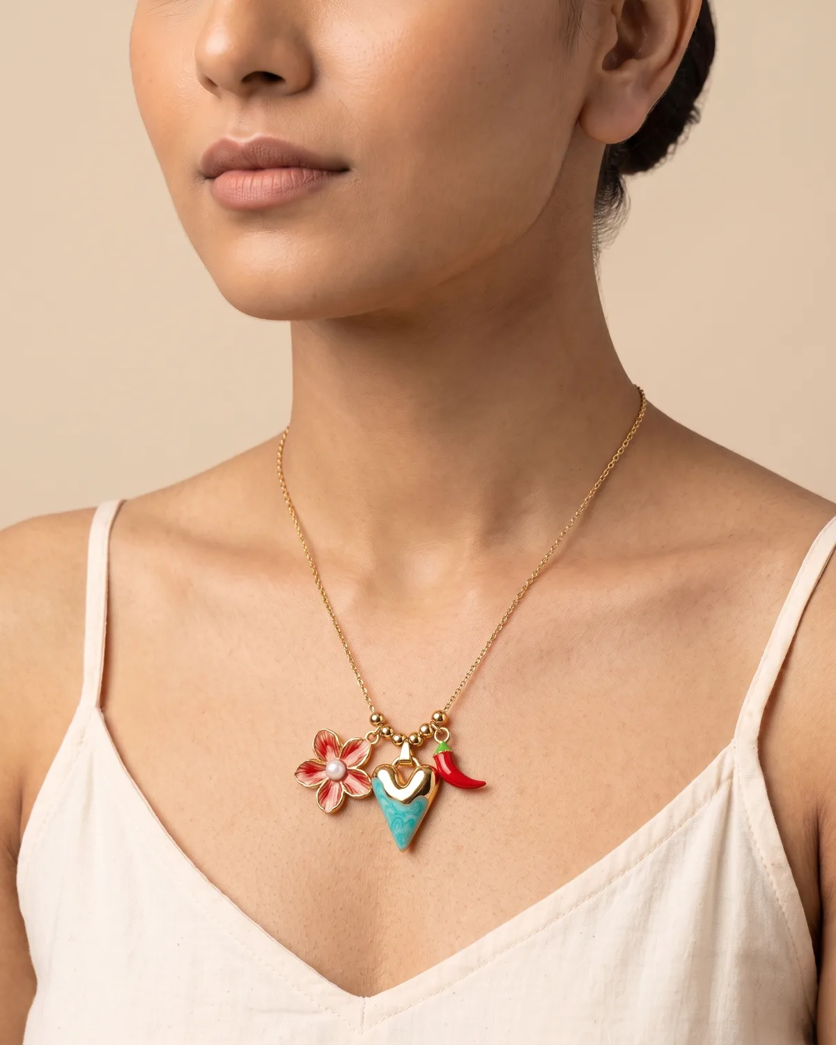 Piccante Love: Amore & Spice Gold Charm Necklace with Enamel Flower, Turquoise Heart, and Chili Pendant