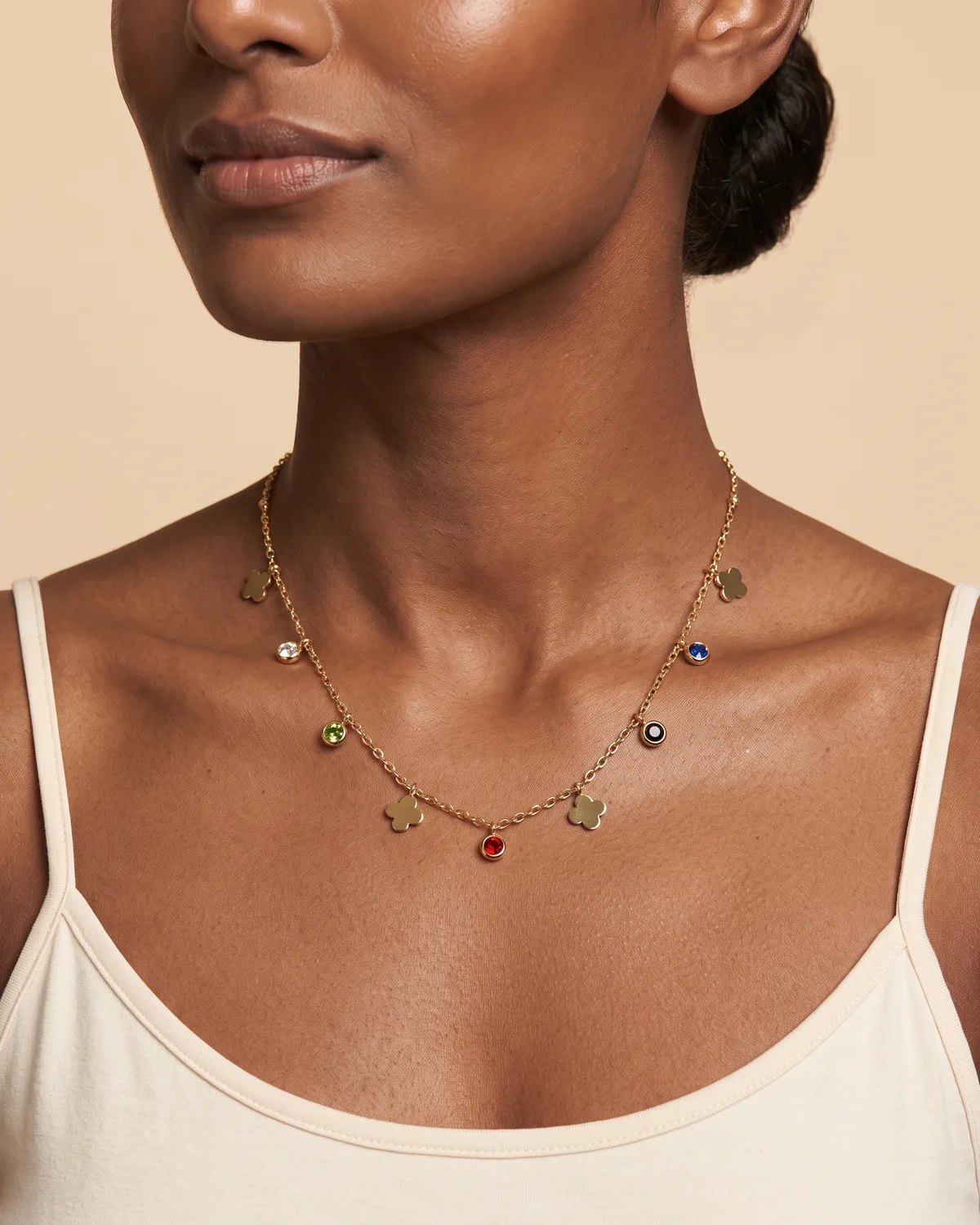 Rainbow Chain: Rainbow Clover Gold Station Charm Necklace with Multi-Colored Crystals