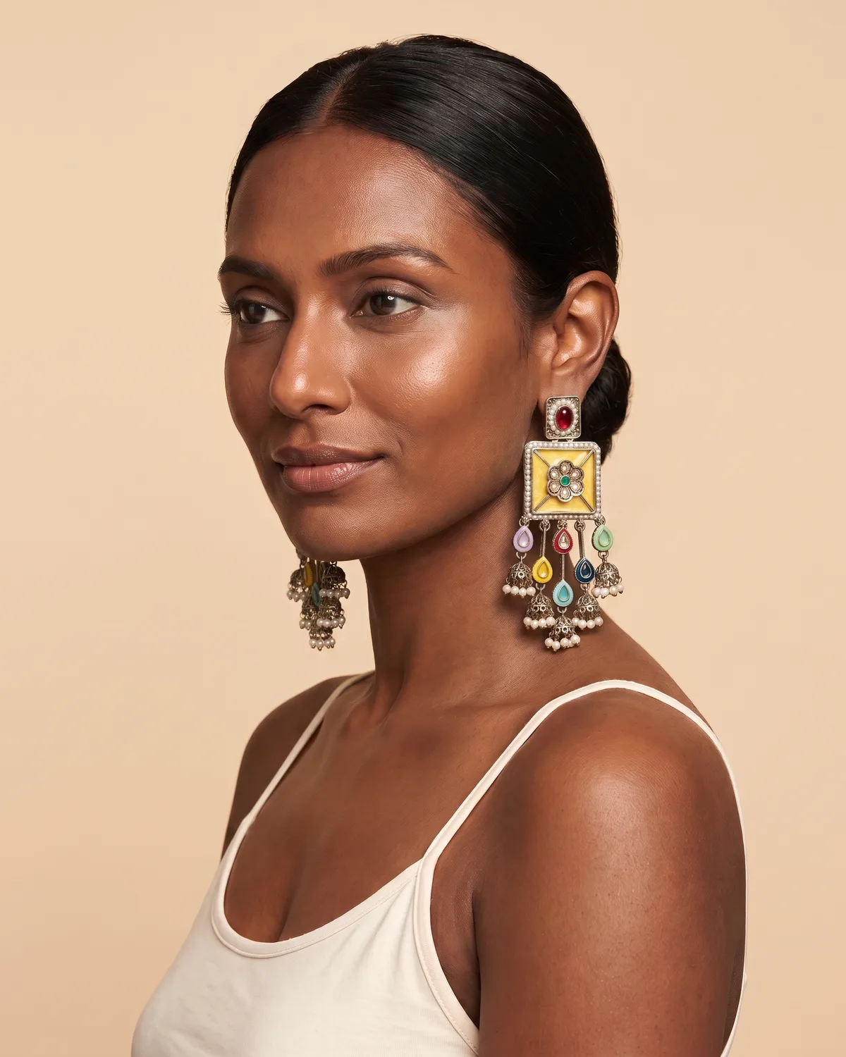 Rang Rasiya: Navratna-Inspired Multi-Color Jhumka Earrings with Yellow Enamel & Pearl Accents