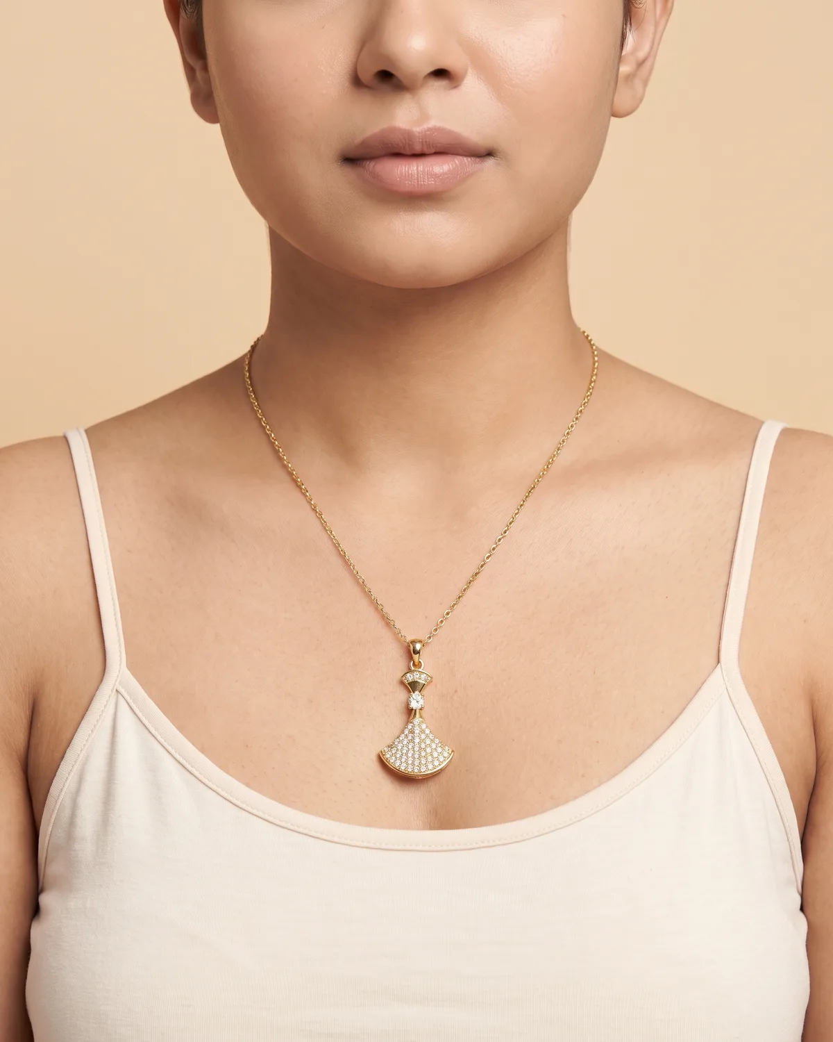 Silhouette Drop: Vintage-Inspired Gold Fan Pendant Necklace with Pavé Crystal Accents