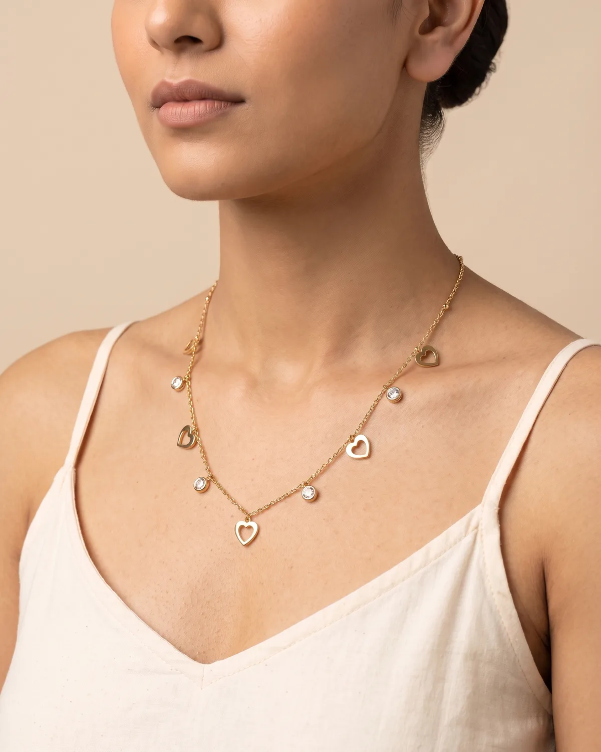 Valentina Chain: A more Gold Station Charm Necklace with Open Heart Motifs & Bezel Crystals